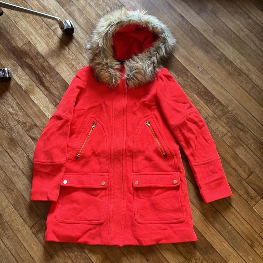 JCrew pea coat with fur hood. Size 6